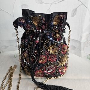Lulus Black Floral Sequined Purse Gold Chain Potli Crossbody Evening Bag